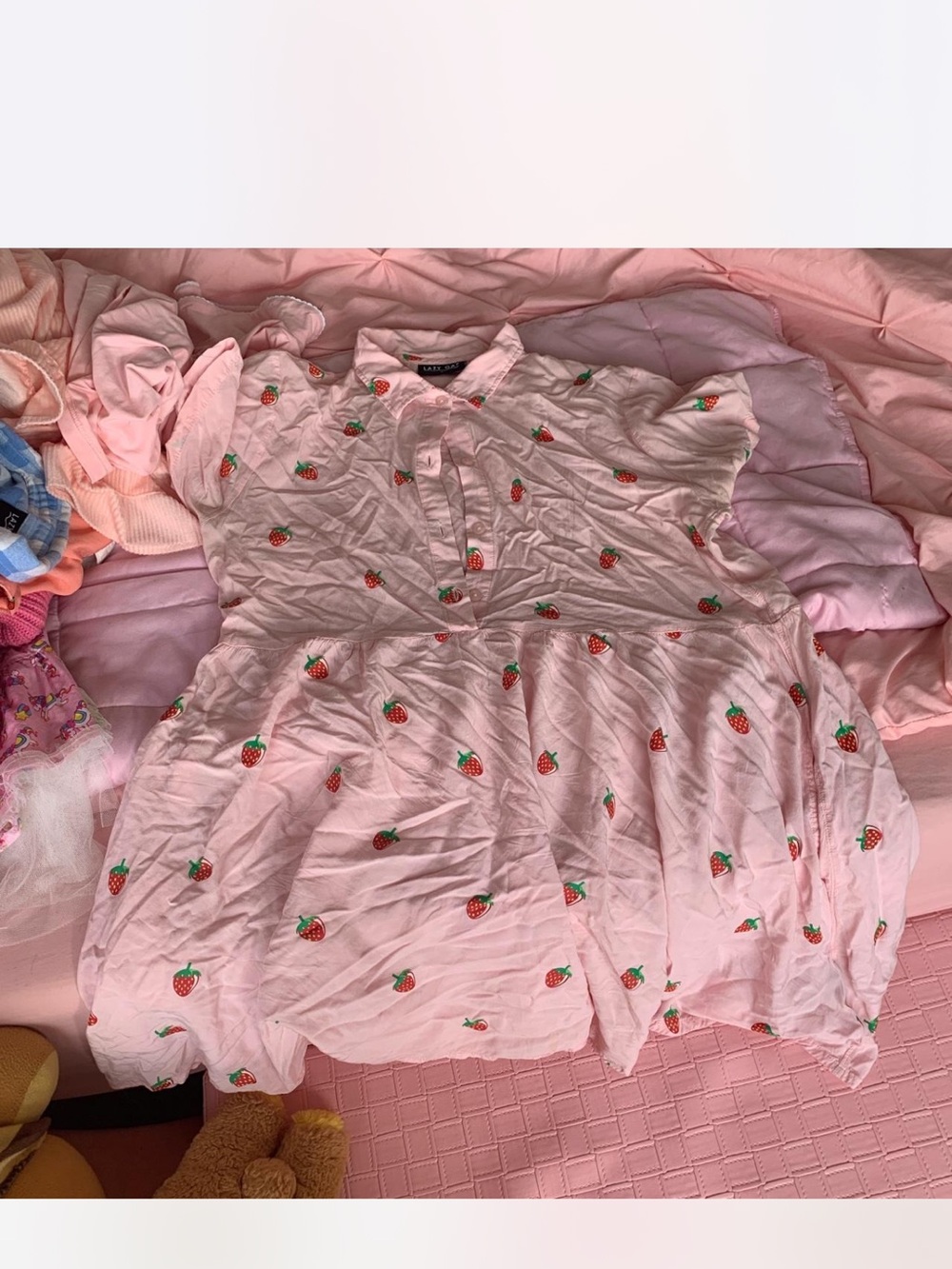 Lazy Oaf Pink Strawberry Babydoll Short Sleeve Dress - M - Picture 4 of 6